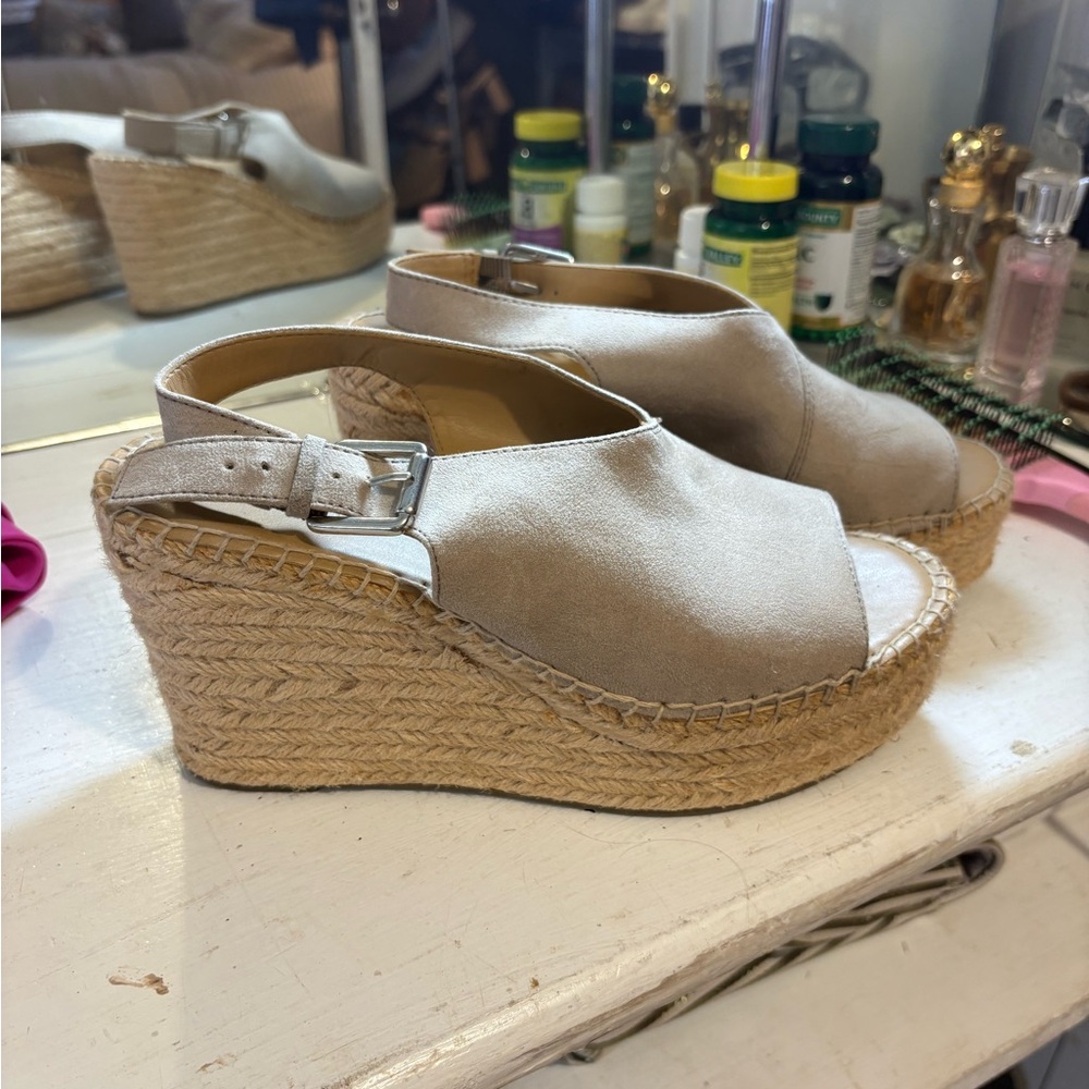 Franco Sarto Beige Suede Espadrille Wedge Sandals